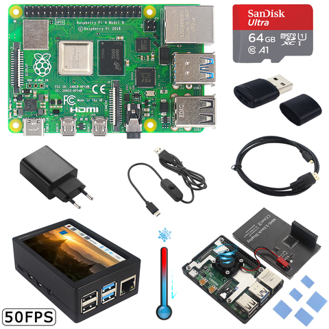Raspberry Pi 4 Model B 2 ГБ/4 ГБ/8 ГБ ОЗУ + сенсорный экран + чехол + вентилятор + радиаторы + адаптер питания + кабель HDMI + SD-карта для RPI 4B ► Фото 1/6