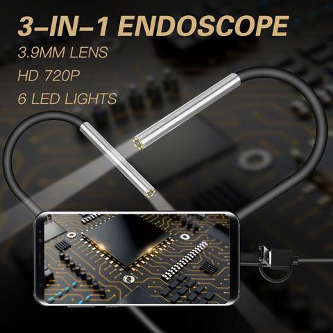 3,9 мм миниатюрная камера-эндоскоп, 6 светодиодов, Micro USB Type C, 3 в 1, водонепроницаемый, для Android, ПК, бороскоп ► Фото 1/6