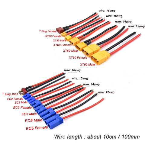 XT90 XT60 XT30 EC5 EC3 EC2 T разъем Штекерный/гнездовой разъем силиконовый провод 12/14/16awg RC кабель батареи 90 мм/100 мм ► Фото 1/6