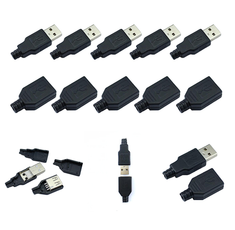 10 штук в наборе USB 2,0 Тип A входящий штекер муфтовый стыковочный USB 4 Pin разъем с черной Пластик крышка Тип-который нужно собрать своими руками Наборы ► Фото 1/6