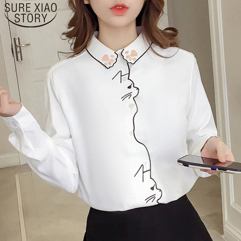 Женская блузка с длинными рукавами, белая офисная блузка с вышивкой, осень 7902, 50 ► Фото 1/6