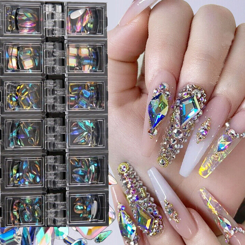 12 ячеек/коробка AB nail art diamond gem 3D блестка для ногтей crystal Стразы стеклянные украшения для ногтей ► Фото 1/6