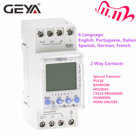GEYA THC-822 программируемый таймер для разговора, 2-канальный переключатель контактов, цифровой таймер с батареей 16 А 220 В ► Фото 1/6