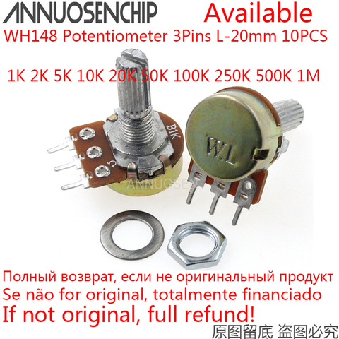 10 шт. 20 мм вал WH148 потенциометра Набор одно соединение B1K 1K 2K 5K 10K 20K 50K 100K 250K 500K 1M ohm 3Pin с гайкой и Washe ► Фото 1/1