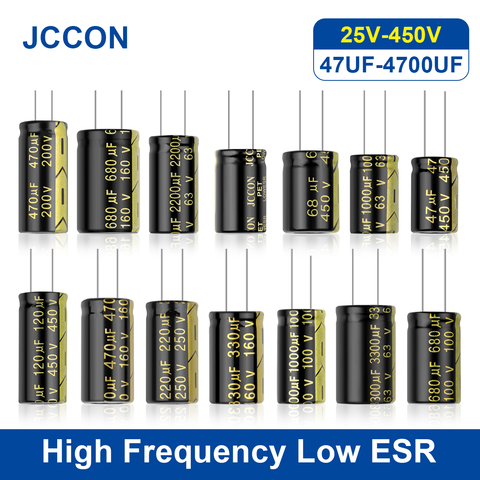 JCCON 10 шт. высокая частота низкая ESR Алюминий конденсатор, алюминиевая крышка, 25В 35В с алюминиевой крышкой, 50В, алюминиевая крышка, 63В 100V 160V 200V 250V 450V 47 мкФ-4700 мкФ Суперконденсатор ► Фото 1/6