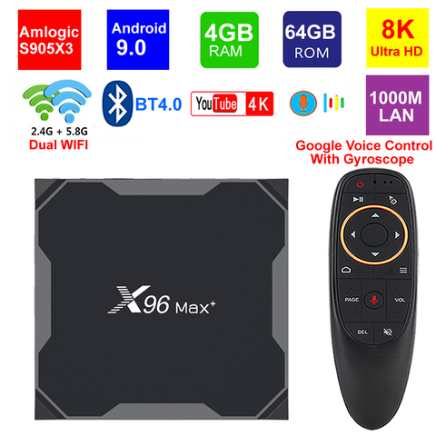 ТВ-приставка X96 Max Plus 8K Smart TV, четырехъядерный Amlogic S905X3, 4 ГБ, 64 ГБ, Android 9,0, двойной WIIF BT4.0, 1000 м, Lan, 8K, HDR, H.265, ТВ-приставка ► Фото 1/6