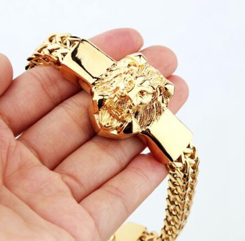 Преувеличенный модный мужской высококачественный металлический золотистый браслет с головой льва мужской качественный Открытый браслет в стиле панк ► Фото 1/6