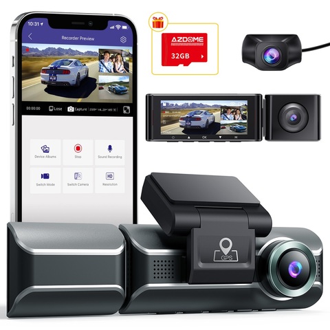 AZDOME 3 канальный видеорегистратор, передняя внутренняя задняя трехполосная автомобильная камера, 4K + 1080P двухканальный, с GPS, WiFi, ИК Ночное Видение ► Фото 1/6