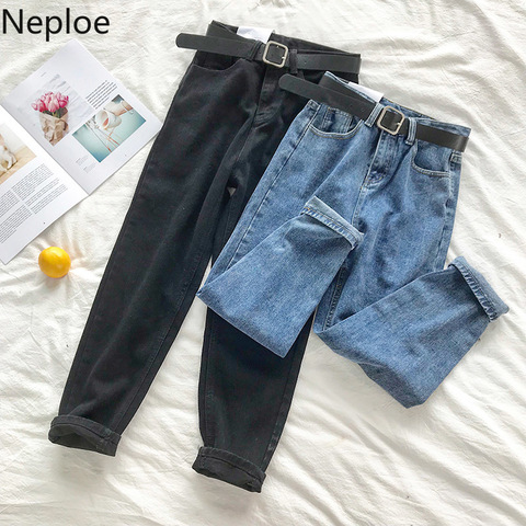 Neploe BF корейские джинсы с высокой талией Женские однотонные шаровары с ремнем Свободные повседневные новые уличные джинсовые брюки женские брюки 90231 ► Фото 1/6
