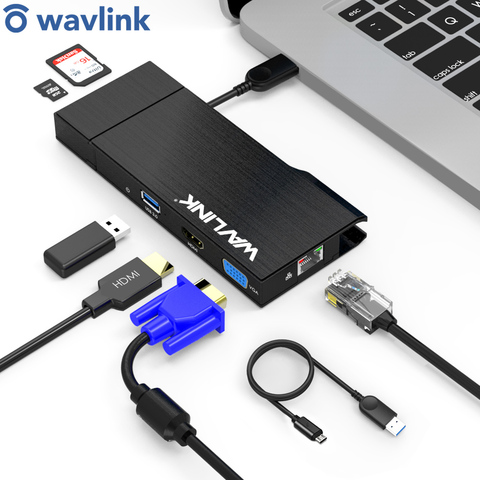 Wavlink 2k мини-Док-станция, USB3.0 концентратор HDMI VGA гигабитный RJ45 адаптер Ethernet многопортовый конвертер SD кардридер для Mac OS ► Фото 1/6