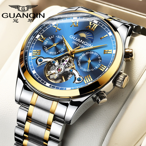 Guanqin 2022 новые часы, мужские механические часы с автоматическим полым турбийоном, водонепроницаемые, светящиеся на ремне, мужские часы с двой... ► Фото 1/6