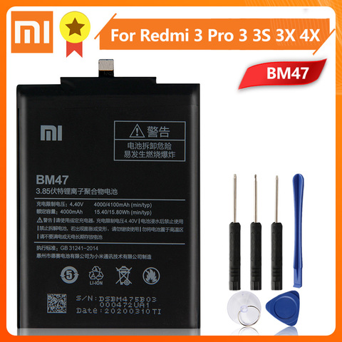Xiao Mi Xiaomi BM47 аккумулятор для телефона Xiao mi Redmi 3 3S 3X Redmi 4X Redmi3 Pro Redrice 3 4000 мАч BM47 Оригинальная батарея + инструмент ► Фото 1/6