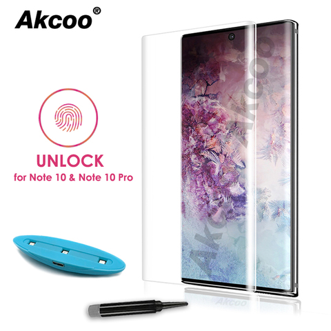 10D Akcoo Note 10 УФ-стекло для защиты экрана с разблокировкой по отпечатку пальца для Samsung Galaxy Note 10 S10 Plus S8 9 5G стеклянная пленка ► Фото 1/6