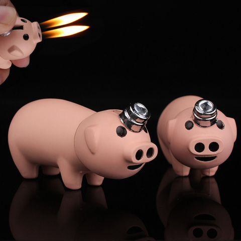 Креативная компактная маленькая струйная Бутановая Зажигалка Piggy Pig, надуваемые двойные форсунки, Бесплатная зажигалка, металлическая заба... ► Фото 1/6