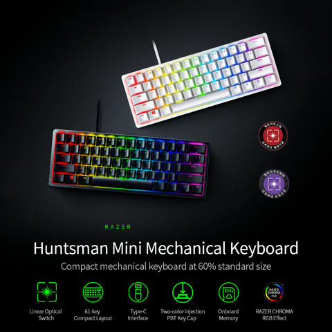 Игровая механическая мини-клавиатура Razer Huntsman с кличным оптическим/линейным переключателем, 61 клавиша, Проводная RGB-клавиатура для ПК, игровая, Черная/серебристая ► Фото 1/6