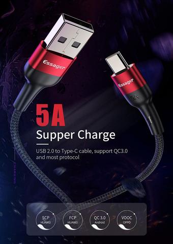 Кабель Essager 5A usb type-C для huawei mate 20 P30 P20 Pro Lite Xiaomi Redmi Note 7 USBC type-C, шнур для быстрой зарядки USB-C ► Фото 1/6