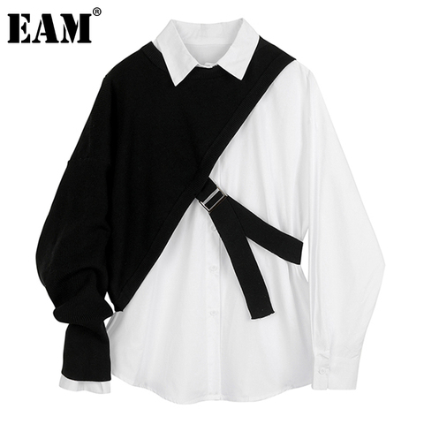 Женская рубашка с длинным рукавом EAM, белая вязаная Свободная блузка с отложным воротником и разрезом, большие размеры, весна-осень 2022 ► Фото 1/2