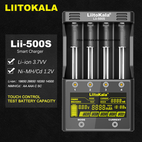 Зарядка Liitokala для литиевых батарей, аккумуляторная зарядка, модели Lii-500/Lii-PD4/Lii-500S, ЖК-экран, для батарей 3,7 В, 18650/18350/18500/21700/20700B/20700/14500/26650, AA, Ni-Mh ► Фото 1/6