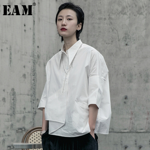 Женская Асимметричная блузка EAM, белая Свободная рубашка с отложным воротником и длинным рукавом, весна-осень 2022 ► Фото 1/6