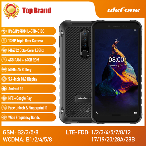 Ulefone Power X8 Android10 5080 мА/ч, 5,7-дюймовый прочный Водонепроницаемый смартфон сотовый телефон 4 Гб 64 Гб ip68 Восьмиядерный NFC мобильный телефон ► Фото 1/5