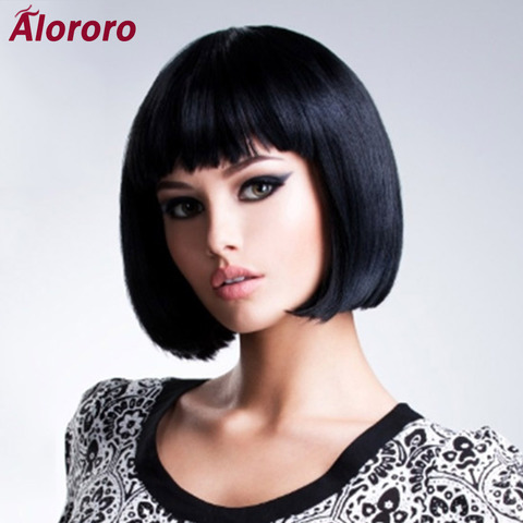 Alororo короткий Синтетический прямой парик для женщин, высокотемпературное волокно, ежедневный доступный натуральный черный парик для коспл... ► Фото 1/6