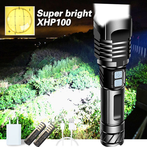 Супер яркий XHP100 Мощный светодиодный флэш-светильник фонарь Xhp90 тактический флэш-светильник Usb Перезаряжаемый флэш-светильник 18650 26650 светод... ► Фото 1/6