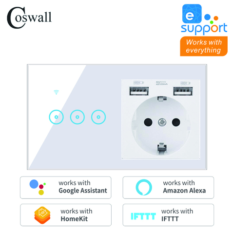Розетка COSWALL Европейская с 2 USB-портами для зарядки, выключатель настенный сенсорный светильник Wi-Fi, работает с Alexa Google Home, IFTTT EWelink / Smart Life ► Фото 1/6