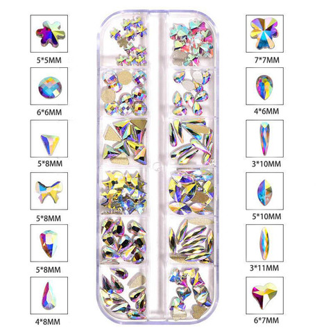 Кристалл AB 120 шт. Смешанные 12 форм стеклянные плоские забавные Стразы для 3D-дизайна ногтей ► Фото 1/4