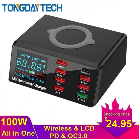 Tongdaytech 100 Вт Мульти USB быстрое зарядное устройство для IPhone 11 Pro Max XS XR 8 портов Usb LCD Быстрая зарядка 3,0 PD зарядное устройство для Samsung S10 ► Фото 1/6