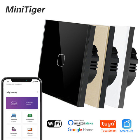 Стеклянная панель Minitiger Smart Life с голосовым управлением, европейский/Британский стандарт, настенный выключатель с голосовым управлением ► Фото 1/6