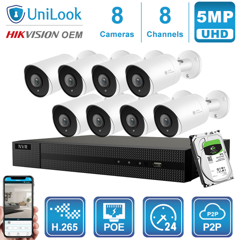 UniLook 8CH NVR 4/6/8 шт 5MP Bullet POE IP камера NVR комплект системы безопасности Hikvison OEM Onvif H.265 ночное видение NVR комплект P2P View ► Фото 1/6