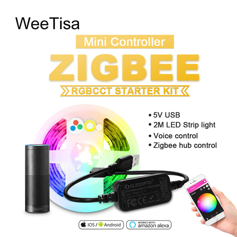 Светодиодная лента Zigbee, умная полоска RGB CCT для ТВ, 5 В, 2 м, с контроллером, работает с Amazon Alexa Echo Plus ► Фото 1/6