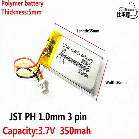JST PH 1,0 мм 3 pin 3,7 В, 350 мАч, 502035 Литий-ионный полимерный аккумулятор для игрушек, POWER BANK,GPS,mp3,mp4 ► Фото 1/5