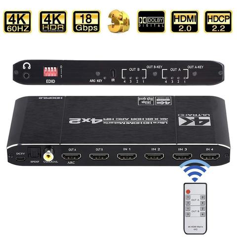 HDMI матрица KEBIDU 4K @ 60 Гц, 4x2 18,5 Гбит/с, HDMI переключатель, сплиттер с SPDIF и L/R 3,5 мм, HDR HDMI переключатель, 4x2, поддержка HDCP 2,2 3D ► Фото 1/6