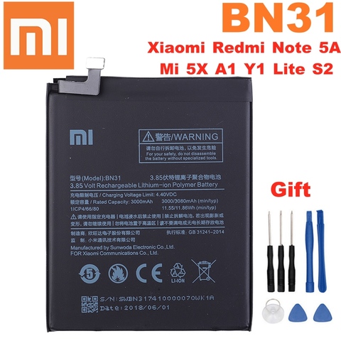 100% Оригинальная батарея 3000 мАч BN31 для Xiaomi Mi 5X Redmi Note 5A Redmi Note 5A pro Mi A1 Redmi Y1 Lite Redmi S2 батарея ► Фото 1/4