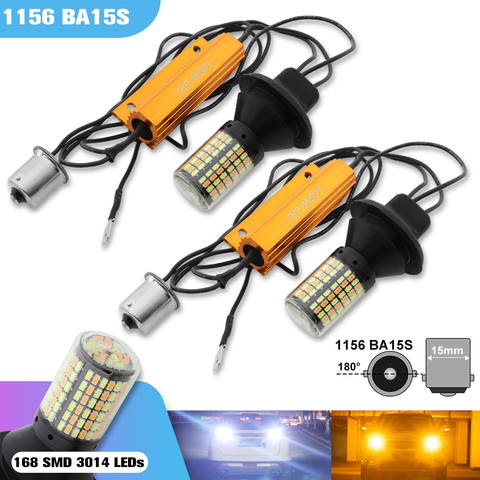 2 шт., светодиодный светильник BA15S BAU15S 7440 T20, Canbus 168SMD, без ошибок, белый, янтарный, двухцветный, ДХО, PY21W, P21W, автомобильный указатель поворота, св... ► Фото 1/6