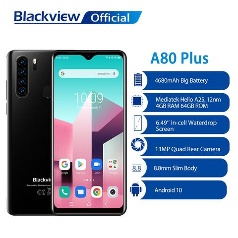 Глобальная версия сотового телефона Blackview A80 Pro, 4 Гб + 64 ГБ, 4680 мАч, мобильный телефон, четырехъядерная задняя камера, 6,49 дюйма, Waterdrop, 4G ► Фото 1/6