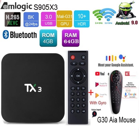 ТВ-приставка tanix TX3 Amlogic S905X3 Android 9,0 четырехъядерная 2,4G/5 ГГц Wifi BT H.265 8K медиаплеер опционально g10/g30/mx3 air mouse ► Фото 1/4