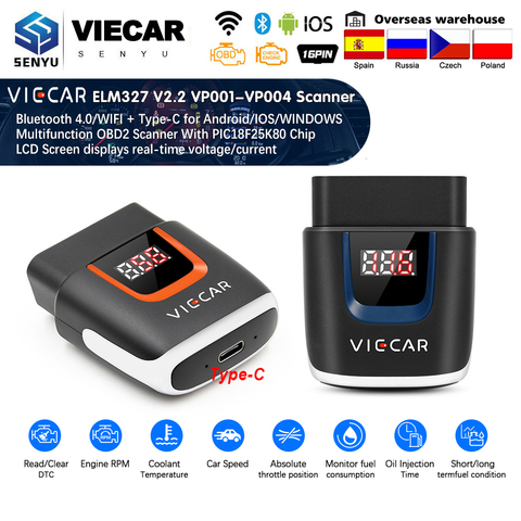 Viecar ELM327 V2.2 PIC18F25K80 OBD2 Bluetooth 4,0 WIFI ELM 327 USB сканер авто инструмент OBD2 OBD 2 Автомобильный диагностический для Android/IOS ► Фото 1/6
