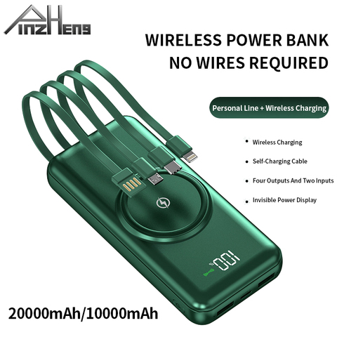 PINZHENG 20000 мА/ч, Wireless Power Bank Встроенный 4 кабели портативное Внешнее зарядное устройство Power Bank для iPhone 12 Pro Xiaomi 10 ► Фото 1/6