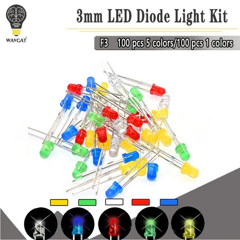 100 шт./лот 5 мм F3 3 мм светодиодный диодный светильник Ассорти набор зеленый синий белый желтый красный набор компонентов «сделай сам» ► Фото 1/6