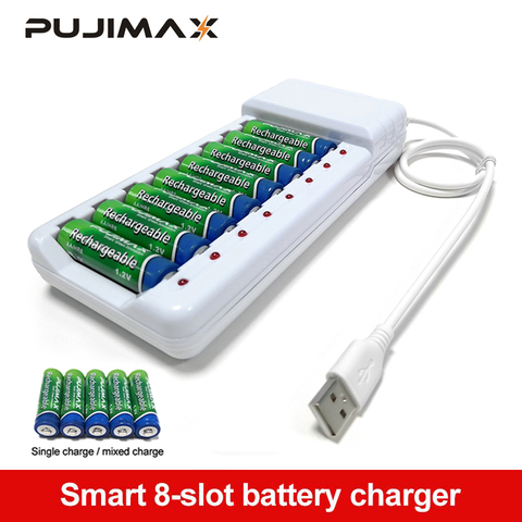 Устройство для быстрой зарядки PUJIMAX с выходом USB и 8 слотами, защита от короткого замыкания, подходит для перезаряжаемых батарей AAA/AA ► Фото 1/6