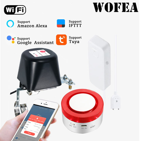 Wofea Wi-Fi датчик воды с автоматическим запорным клапаном, умная сирена, автоматизация, Совместимость с Alexa ► Фото 1/5