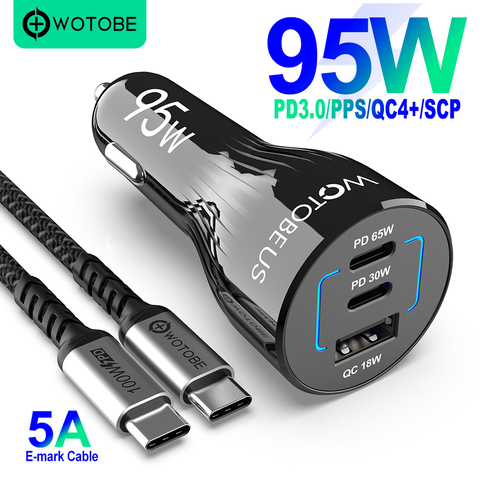 95W USB Автомобильное зарядное устройство, зарядное устройство с 3 usb-портами для PPS/PD 65 Вт/45 Вт/30 Вт/20 Вт QC3.0 18 Вт для xiaomi HUAWEI Тип C ноутбук планшет iphone 12 S20/Note 10/20 ► Фото 1/6