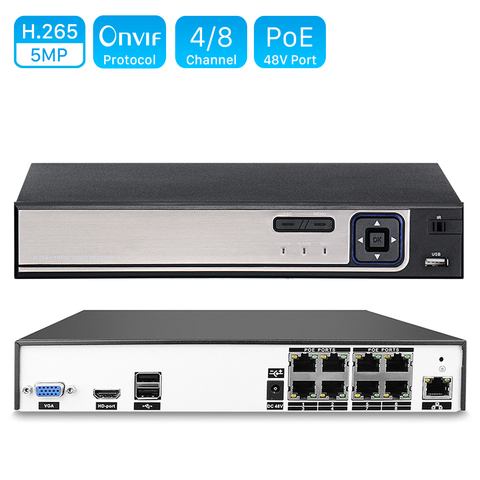 H.264 4-канальный или 8-канальный видеорегистратор, 48 В PoE 4*5 Мп/8*4 Мп, видеорегистратор, ONVIF IP-камера видеонаблюдения с датчиком движения, PoE NVR P2P ► Фото 1/6