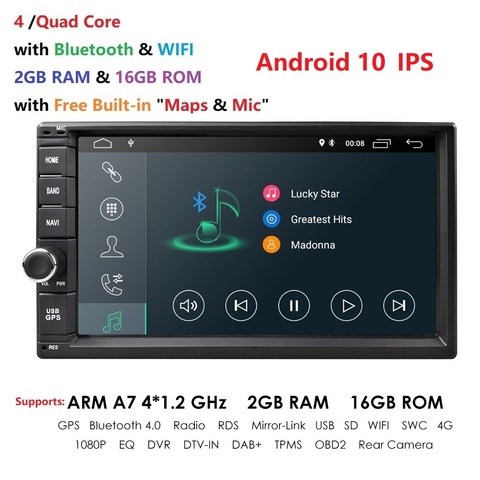 Универсальный Автомагнитола 2DIN, Android 10, 2 Гб ОЗУ, четырехъядерный процессор, 7 дюймов, без DVD-плеера, GPS, стерео, аудио, поддержка DAB, DVR, OBD, BT ► Фото 1/6