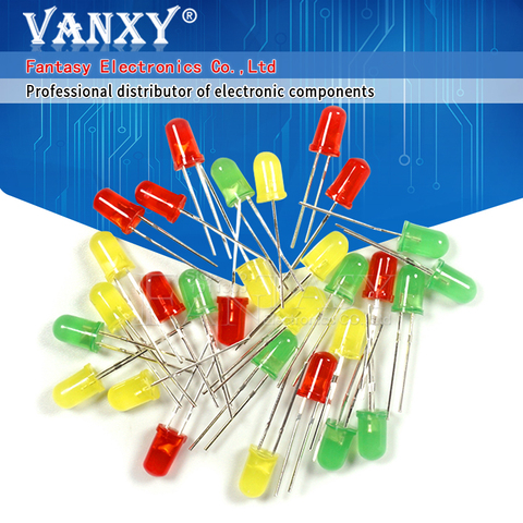 3 цвета * 10 шт. = 30 шт. 5 мм светодиодный диодный светильник, набор в ассортименте, желтый, красный, зеленый, компоненты «сделай сам», набор образцов, новый и оригинальный ► Фото 1/6