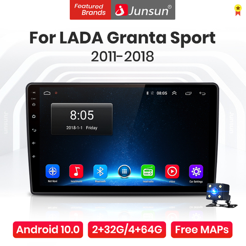 Автомагнитола Junsun V1 Pro, 4 + 64 ГБ, Android 10,0, 4G, мультимедийный плеер для LADA Granta 2011-2022, GPS-навигация, 2din dvd Авторадио ► Фото 1/5