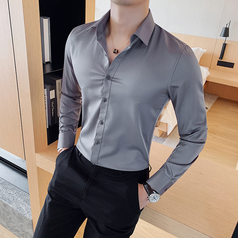 Рубашка мужская деловая однотонная с длинным рукавом, модная сорочка Slim Fit в британском стиле, Повседневная блузка, 4XL, осень 2022 ► Фото 1/5