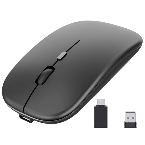 Беспроводная аккумуляторная мышь, 2,4G Ультра Тихая оптическая мышь с USB и приемником Type-C, для ноутбука, (черный) ► Фото 1/6